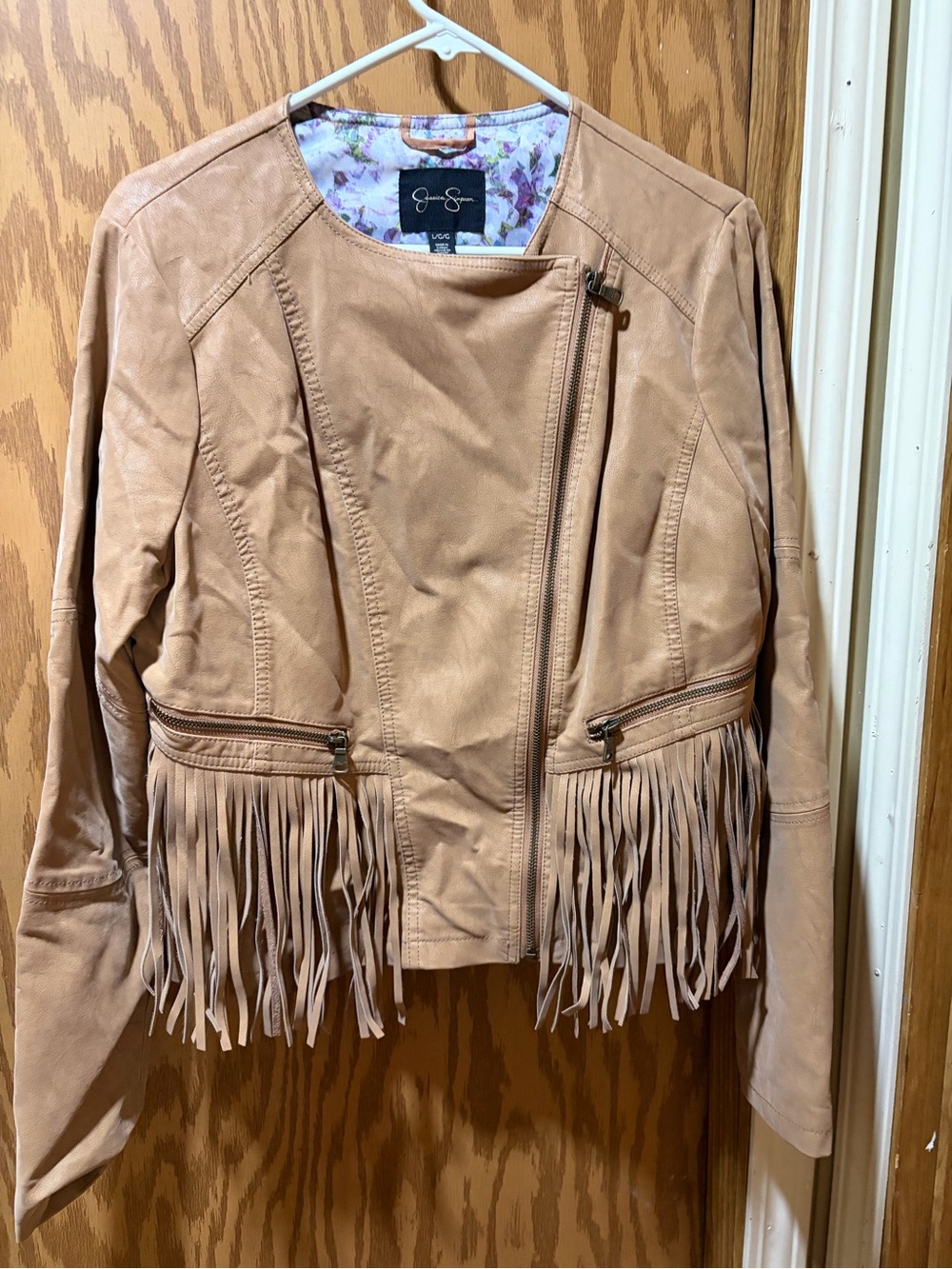 Jessica Simpson Taupe Fringe Faux Leather Moto Jacket